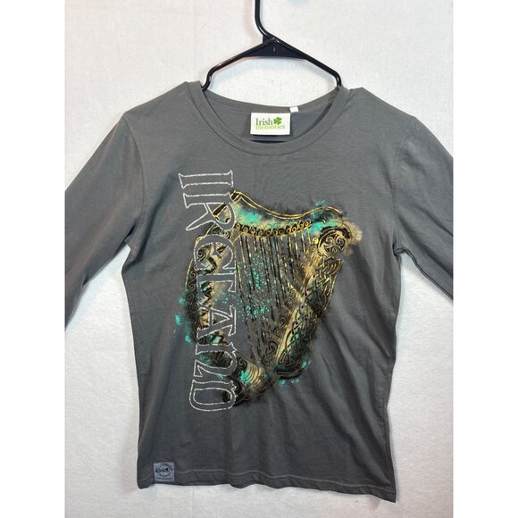 Irish Memories Grey Graphic 3/4 Sleeve Shirt Featuring Harp Design - Picture 2 of 11